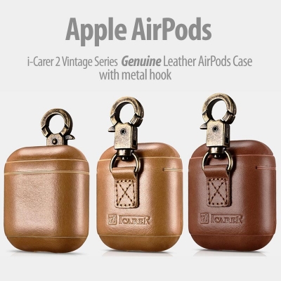 ^ AirPods - iCarer Vintage Series Genuine Leather Case with Metal Hook