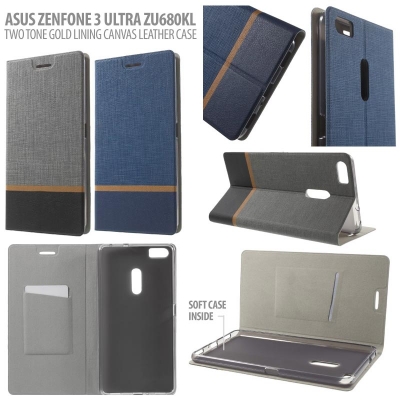 * Asus Zenfone 3 Ultra ZU680KL - Two Tone Gold Lining Canvas Leather Case }