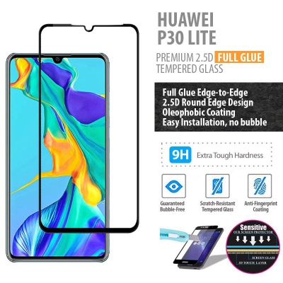 ^ Huawei P30 Lite - PREMIUM 2.5D Full Glue Tempered Glass