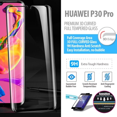 ^ Huawei P30 Pro - PREMIUM 3D Curved Full Tempered Glass