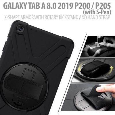 ^ Samsung Galaxy Tab A 8.0 2019 P200 P205 - X-Shape Armor with Rotary Kickstand and Hand strap