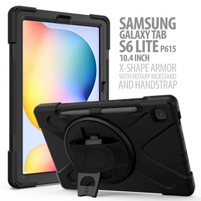 Samsung Galaxy Tab S6 Lite 10.4 Inch P615 - X-Shape Armor with Rotary Kickstand and Hand Strap
