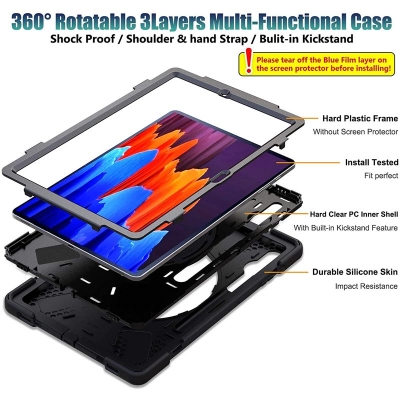 Samsung Galaxy Tab S7 Plus 2020 12.4 Inch T975 - X-Shape Armor with Rotary Kickstand and Hand Strap