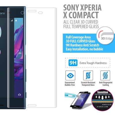 ^ Sony Xperia X Compact - ALL CLEAR 3D Curved Full Tempered Glass