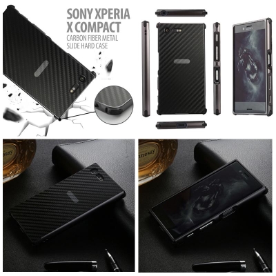 ^ Sony Xperia X Compact - Carbon Fiber Metal Slide Hard Case