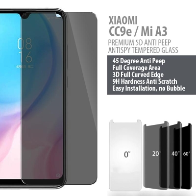 Xiaomi CC9e - Mi A3 - PREMIUM 5D Privacy Anti Peep Antispy Tempered Glass