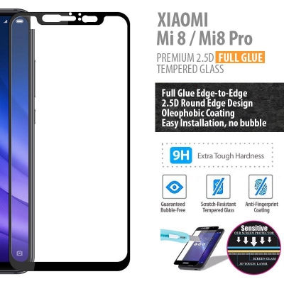 ^ Xiaomi Mi 8 / Mi8 - Mi 8 Explorer / Mi8 Explorer - Mi 8 Pro / Mi8 Pro - PREMIUM 2.5D Full Glue Tempered Glass