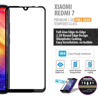 ^ Xiaomi Redmi 7 - PREMIUM 2.5D Full Glue Tempered Glass