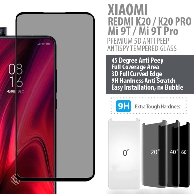 Xiaomi Redmi K20 - K20 Pro - Mi 9T - Mi 9T Pro - PREMIUM 5D Privacy Anti Peep Antispy Tempered Glass
