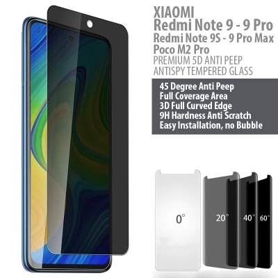 Xiaomi Redmi Note 9 Pro - 9S - 9 Pro Max - Poco M2 Pro - PREMIUM 5D Privacy Anti Peep Antispy Tempered Glass