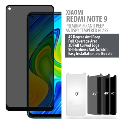 Xiaomi Redmi note 9 - PREMIUM 5D Privacy Anti Peep Antispy Tempered Glass