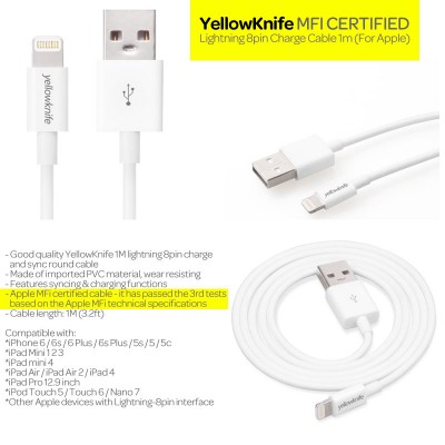 * YellowKnife MFi Certified Lightning 8-pin Charge Cable 1m