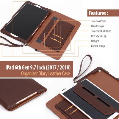 iPad 6 9.7 Inch 2017 2018 - Organizer Diary Leather Case