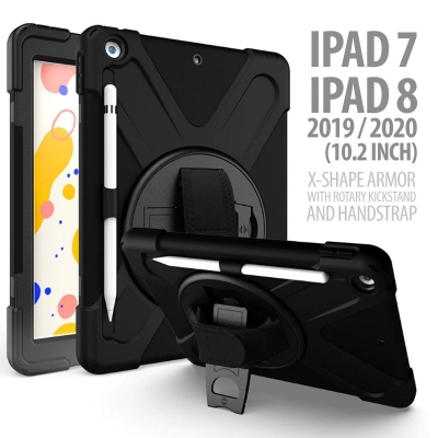 iPad 7 2019 10.2 Inch - iPad 8 2020 - X-Shape Armor With Rotary Kickstand and Handstrap