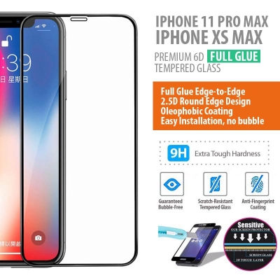 ^ iPhone XS Max - 11 Pro Max - PREMIUM 6D Full Glue Tempered Glass